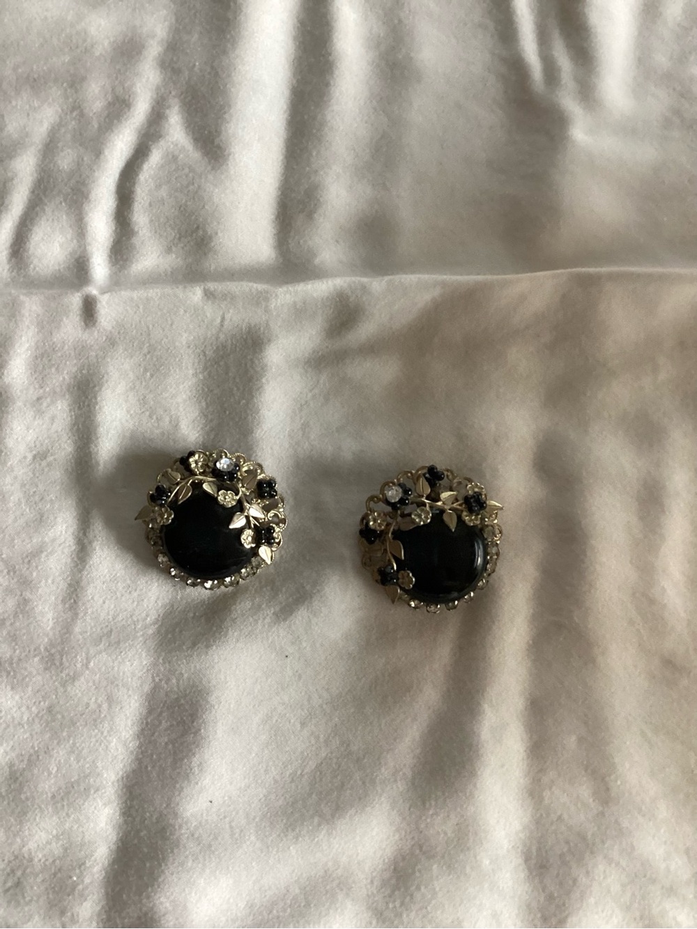 Elegant Black Floral Crystal Button Earrings